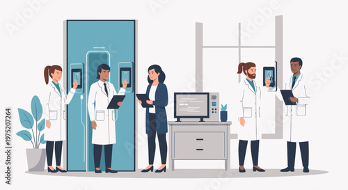 Diverse team of scientists in lab coats working with advanced technology in a modern laboratory setting
