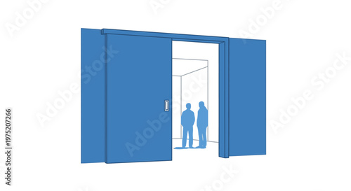 Modern blue sliding doors opening to reveal a minimalist interior with two silhouetted figures