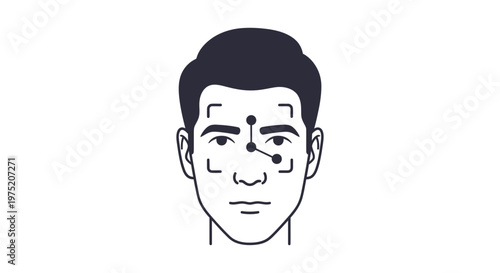 Facial recognition technology illustration with lines and dots on a man's face, biometric security concept