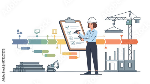 Female Engineer Managing Construction Site Workflow and Project Timeline with Clipboard Checklist Illustration