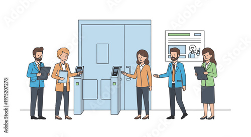 Business people using access control turnstile for entry into office building, technology and security concept