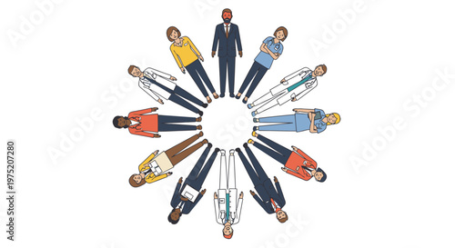 Diverse group of professionals standing in a circle, representing teamwork and unity in a business context.
