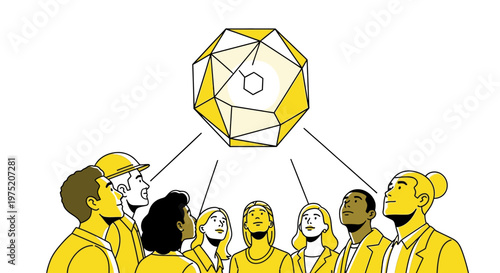 Diverse group of people looking up at a complex geometric structure, symbolizing innovation and shared vision.