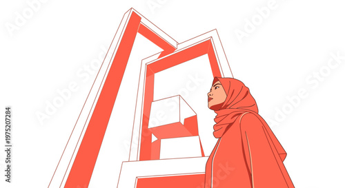 Young Muslim woman in hijab looking up at modern geometric architecture, concept of aspiration and future