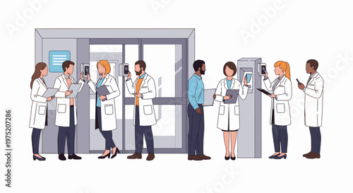 Medical professionals and patient using smartphones at hospital entrance with digital check-in kiosk