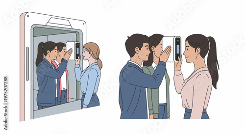 Business people using facial recognition technology for access control and identification in modern office environments