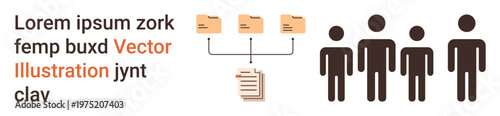 Data organization, teamwork, file sharing, information flow, document management, collaboration. Linked folders and a document connecting to a group of people. Data organization and teamwork