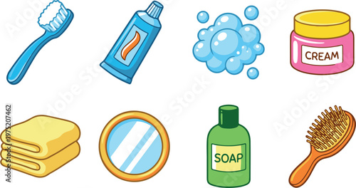 A colorful collection of cartoon-style personal hygiene and bathroom essentials, including a toothbrush, toothpaste, soap, and other daily care items.