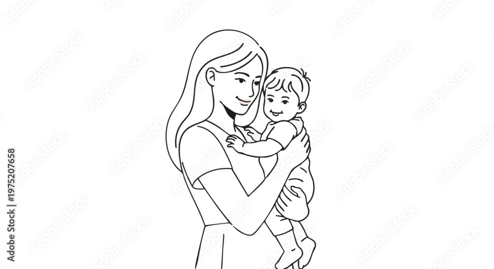 Naklejka premium Loving mother holding her happy baby. Minimalist black and white line art illustration of a tender family moment