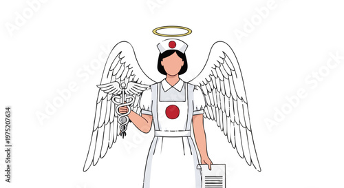 Angelic nurse in white uniform with halo, wings, and medical symbol