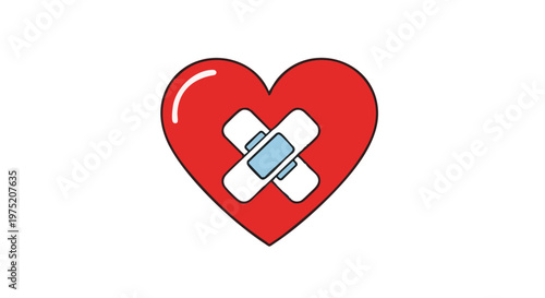 A red heart with crossed bandages, symbolizing healing, love, and recovery. Vector icon on a white background