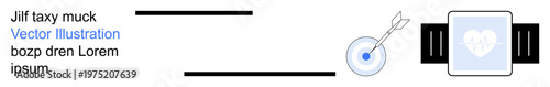 Technology, health monitoring, innovation, digital targets, smart gadgets, text graphics. Target with arrow and smartwatch with heart icon next to text lines. Technology and health monitoring