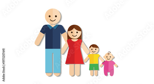 Paper cutout family illustration of parents with son and baby standing together on a white background