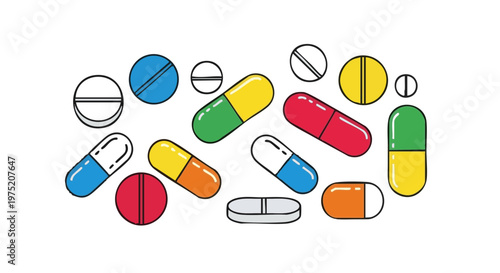 Collection of various colorful pills, capsules and tablets. Vector illustration on a white background with copy space