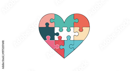 Vector illustration of a heart shaped jigsaw puzzle with a missing piece. Symbol of love, connection, and belonging