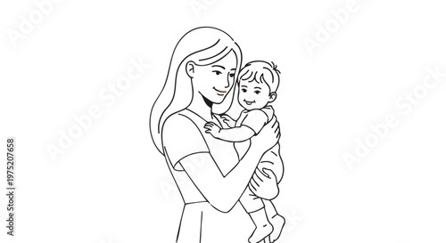Loving mother holding her happy baby. Minimalist black and white line art illustration of a tender family moment