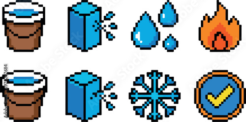 A set of vibrant pixel art icons representing elements of water, ice, and fire, including buckets, ice cubes, water drops, and a snowflake.