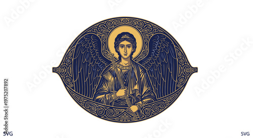 Ancient Angel Icon with Halo and Ornate Border, Byzantine Art Style