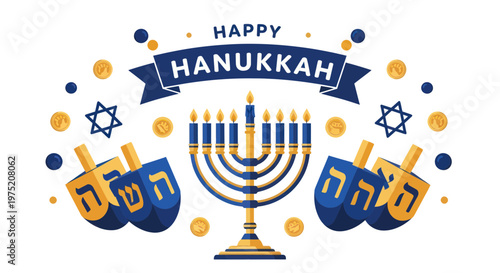 Obraz na plátně Happy Hanukkah illustration with menorah, dreidels, coins, and stars on white ba