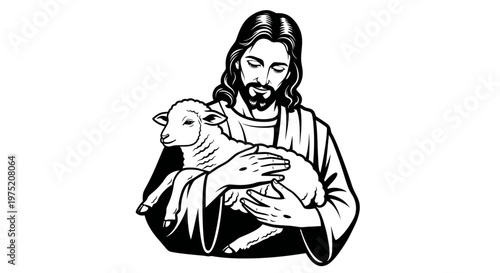 Jesus Christ holding a lamb, religious illustration, symbol of faith and care