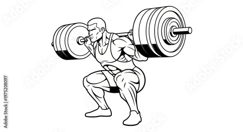 Muscular man performing a barbell squat, illustration of weightlifting and fitness