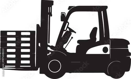 A black silhouette of a forklift with a pallet Vector, illustration