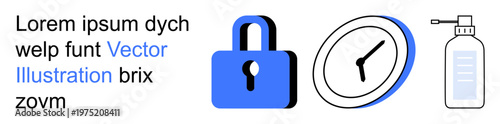 Digital security, time tracking, personal hygiene, safety, cleanliness, workplace procedures. Blue lock, clock and sanitizer on a white background. Security and time tracking concept