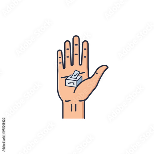 Vector illustration of a human hand presenting a ballot box, symbolizing active participation in democratic elections and the power of individual choice. Civic duty concept