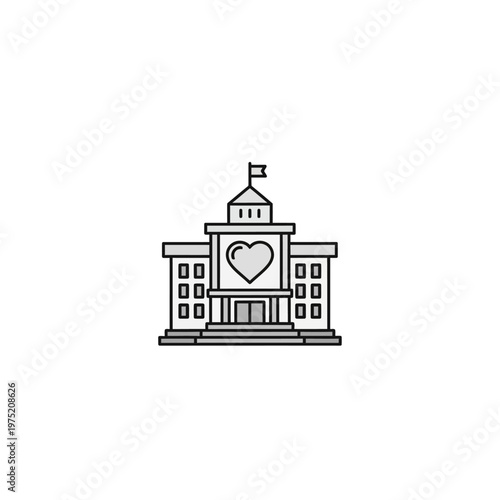 A gray outlined building resembling a school or government institution with a heart symbol above the entrance, symbolizing care and community services