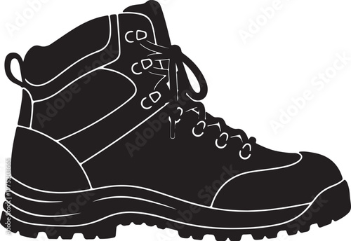 A black hiking boot with laces and a rugged sole Vector, illustration