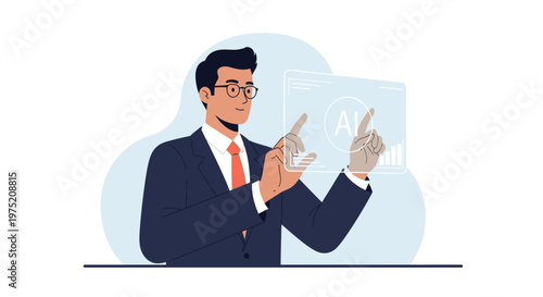 Businessman interacting with AI interface, touching screen with robotic hand, futuristic technology concept