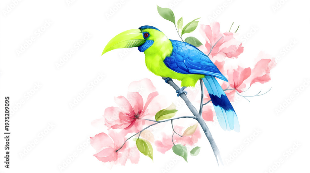 Fototapeta premium Colorful toucan perched on branch with watercolor flowers