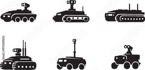 Unmanned military vehicle silhouettes bundle black robotic army vehicle icons set isolated on white background