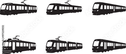 Tram and metro silhouette set urban rail light rail streetcar transport vector bundle