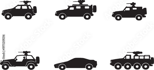Special operations vehicle silhouettes bundle black tactical military transport icons set isolated on white background