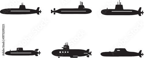 Submarine silhouettes bundle black military underwater naval vessel icons set isolated on white background