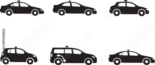 Taxi and rideshare vehicle silhouettes bundle sedan urban transport vector icons set