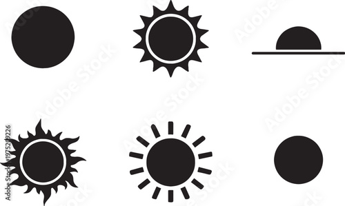 Sun and solar phenomena silhouettes bundle sunrise flare circle vector icon set