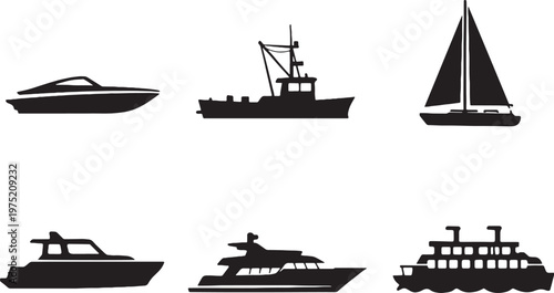 Small boats silhouettes bundle speedboat sailboat yacht ferry vector marine icons set