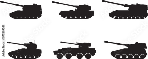 Self propelled artillery silhouettes bundle black military howitzer vehicle icons set isolated on white background