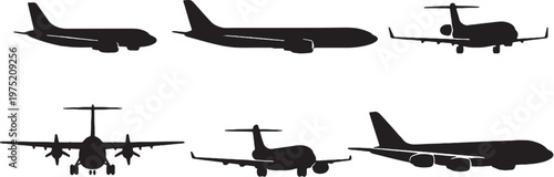 Passenger aircraft silhouettes bundle commercial airplane vector set isolated black icons