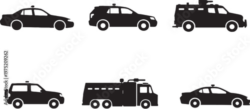 Police and security vehicle silhouettes bundle patrol car SUV armored vector icons set