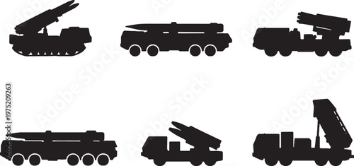 Missile Carrier Vehicle Silhouette Bundle Military Launcher Truck Transport Rocket System Black Vector Set