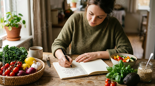 Woman writing in notebook at table.