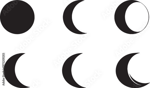 Moon phase silhouette set crescent full half lunar cycle astronomy vector icon bundle