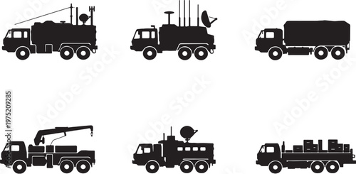 Military field support vehicle silhouettes bundle black logistics command truck icons set isolated on white background