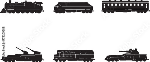 Military Train Vehicle Silhouette Bundle Armored Rail Transport Cargo Black Vector Set