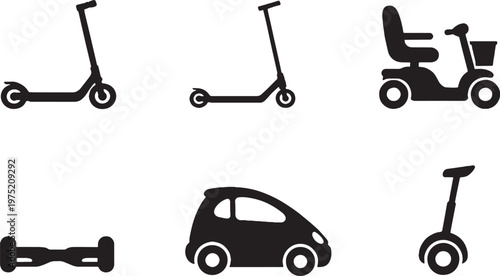 Micro mobility vehicle silhouettes bundle electric scooter hoverboard personal transport vector icons set