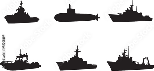 Marine vessel silhouette set tugboat vector bundle