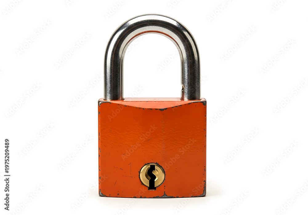 Naklejka premium Bright red combination lock with a sturdy metal construction and a small keyhole. isolated on white background